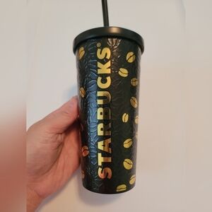 NWT Starbucks Stainless Steel Black Tumbler with Gold Coffee Bean Design